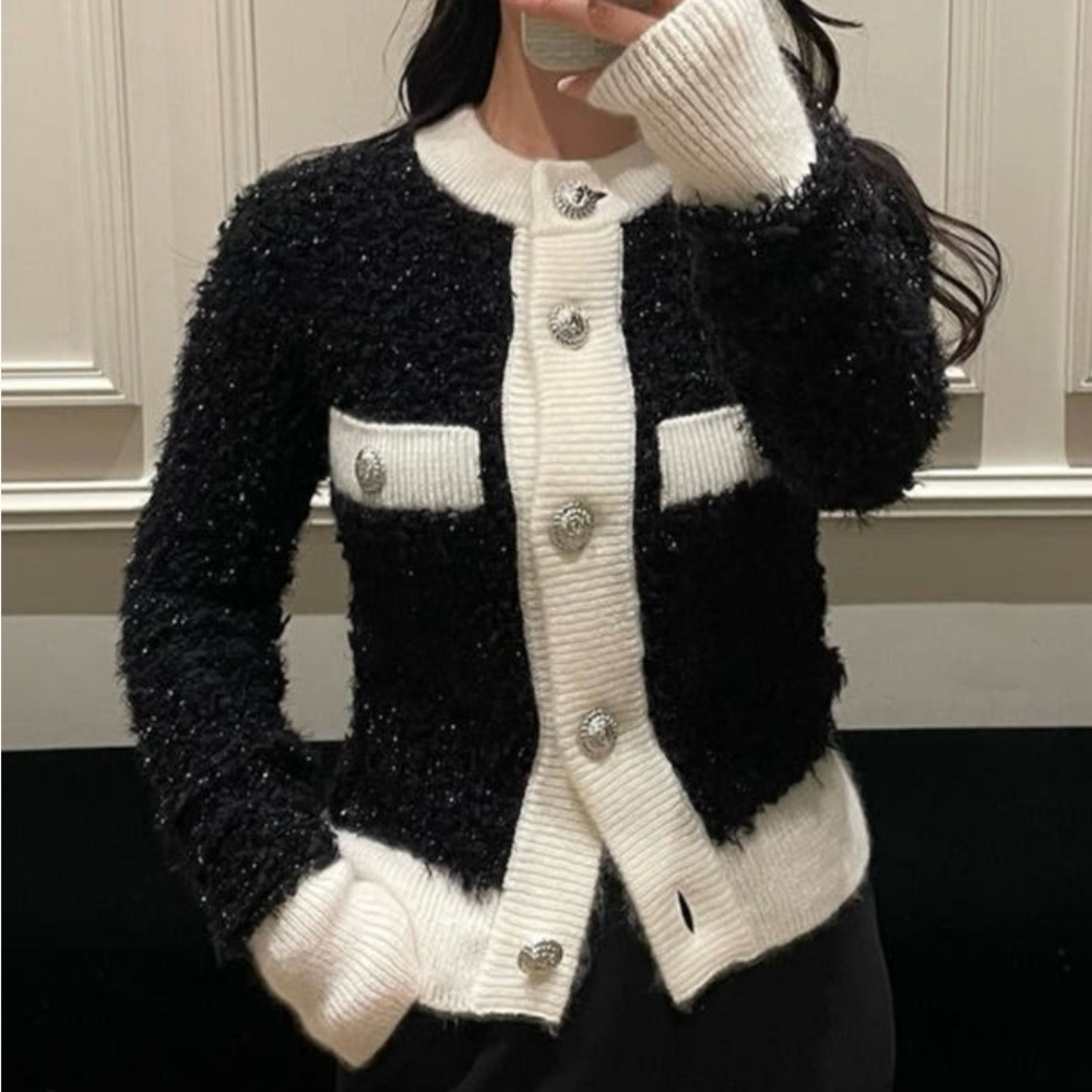 (New) Balmain Bouclé Contrasting-Trim Knitted Cardigan